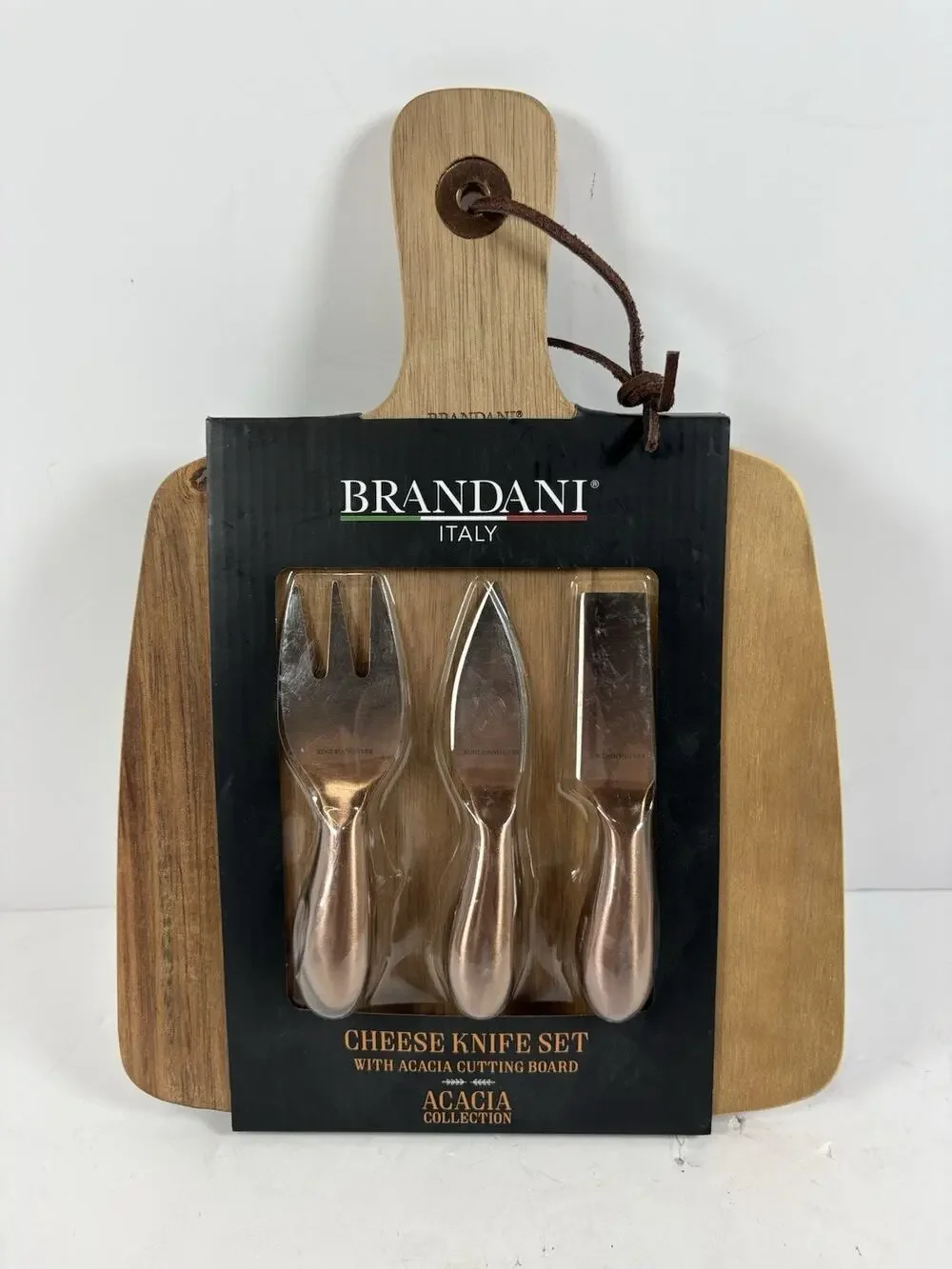 Brandani Italy Cheese Knife Set Acacia Wood Cutting Board 3 Pc New Gift Box